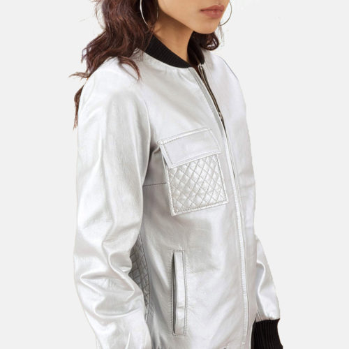 Lana Silver Leather Bomber Jacket