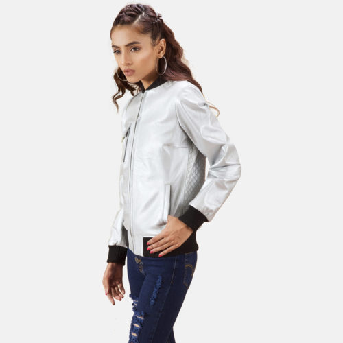 Lana Silver Leather Bomber Jacket