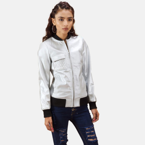 Lana Silver Leather Bomber Jacket