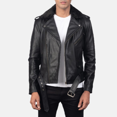 Furton Black Leather Biker Jacket