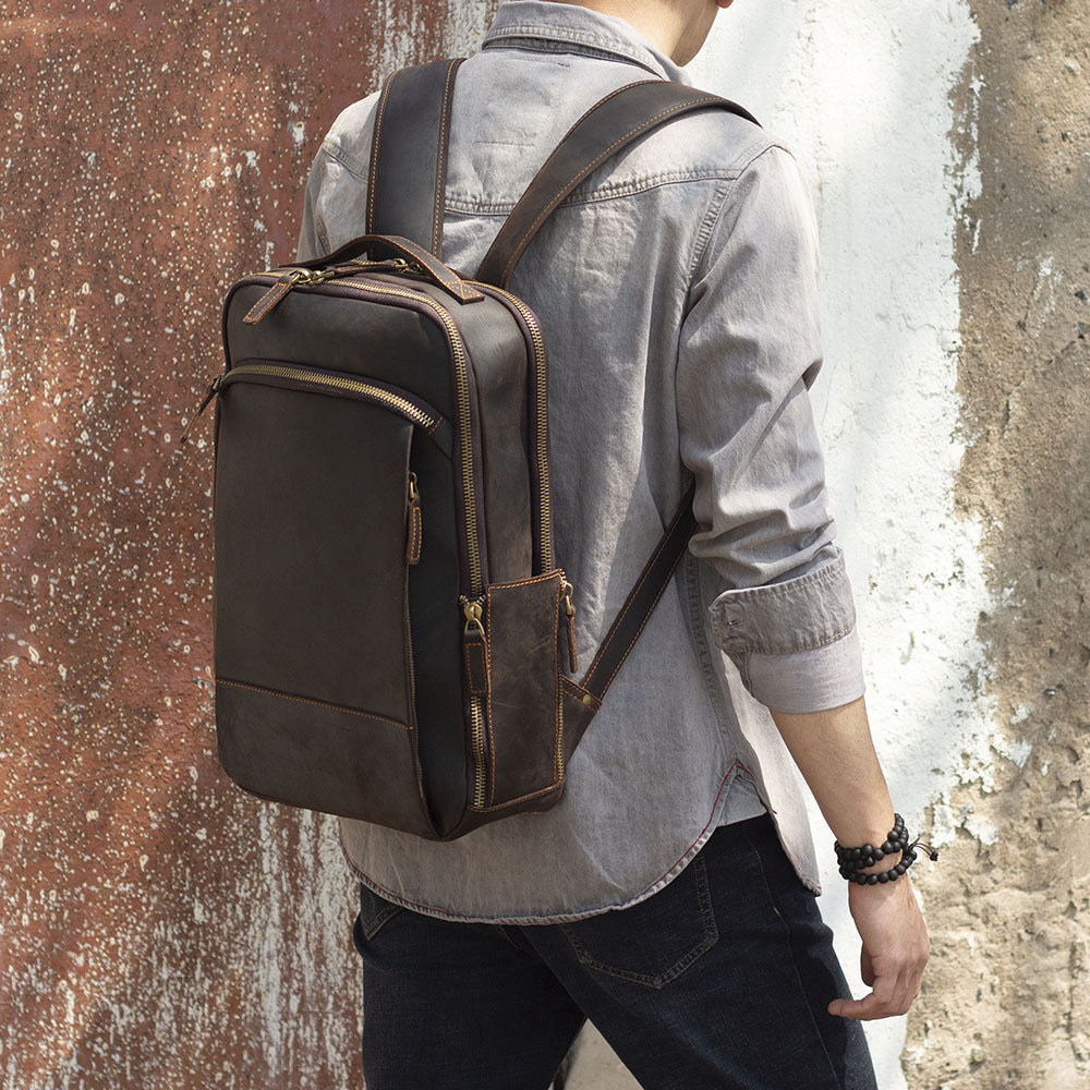 Leather Laptop Backpack with Trolley Sleeve and Double Compartments ...