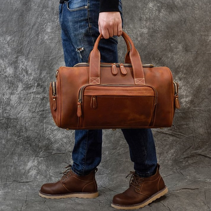 Leather Duffle Bag with Pockets - Horizon Leathers