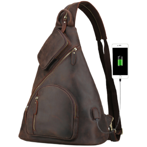 Dark Brown Casual Outdoor Sling Backpack with USB Charging Port 1